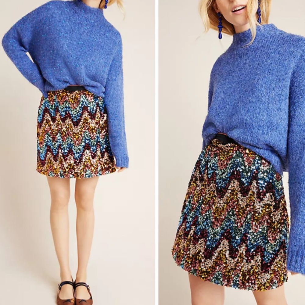 Maeve Anthropologie Zig Zag Sequin Mini Skirt 14